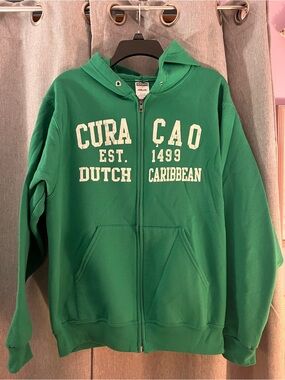 Jerzees Green Zip-Up Hoodie with 'Curaçao' White Lettering